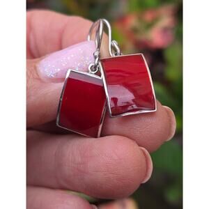 Vintage ATI Mexico Modernist Red Onyx Sterling Silver Dangle Earrings